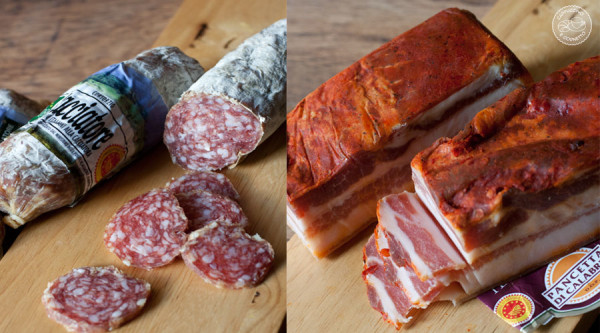 Salamini cacciatore dop e pancetta di calabria dop