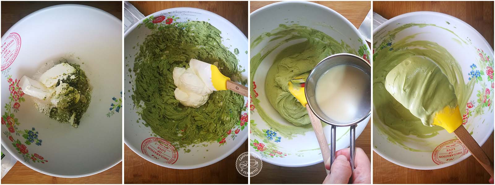 Torta fredda con base croccante all'orzo soffiato e crema al tè matcha